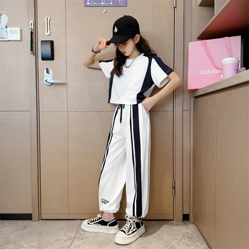 

2023 New Kids for Girls Summer Sets Casual Letter T-shirt High Waist Wide Leg Pants Clothes 2pcs Tracksuit Teens Clothes 5-14Yrs