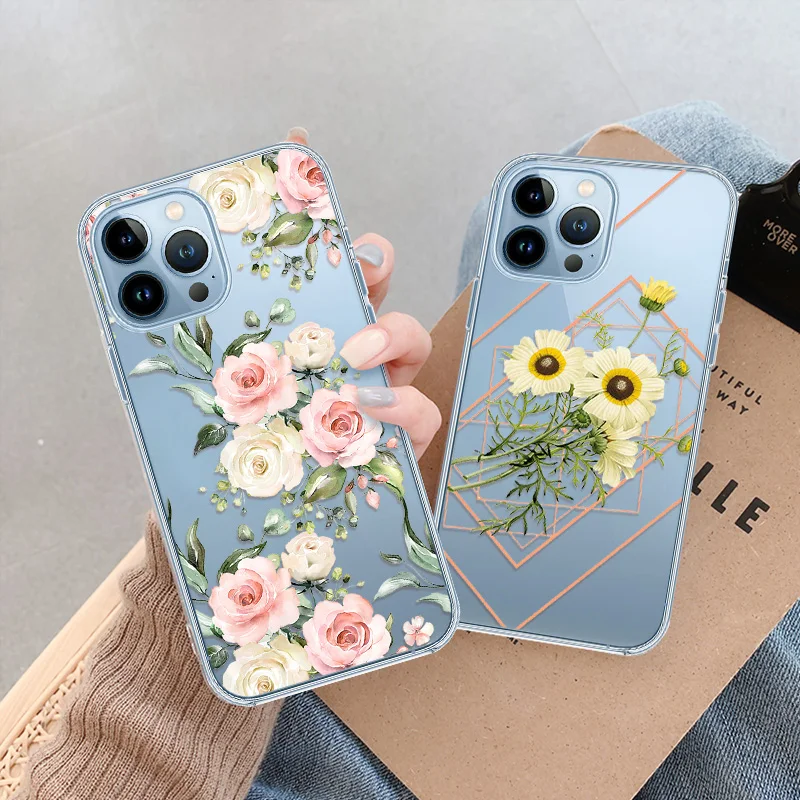 Custodie Per Iphone 15 Ultra 13 Pro Max Mini Xr Xsmax 7 8 Plus Se Cover Morbida In Tpu Trasparente Per Iphone 12 11 14 Pink Rose Coque