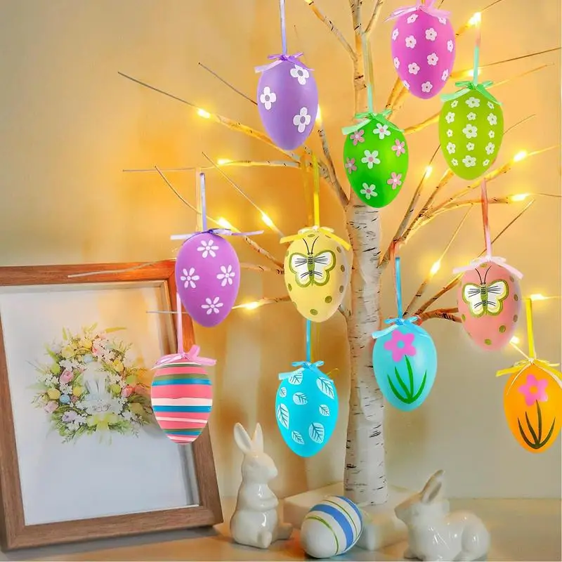 Tree Decorations Easter Egg Pendant 12X Hand Painted Artificial Eggs Easter Parties Decor Painted Eggs Ornaments Fake
