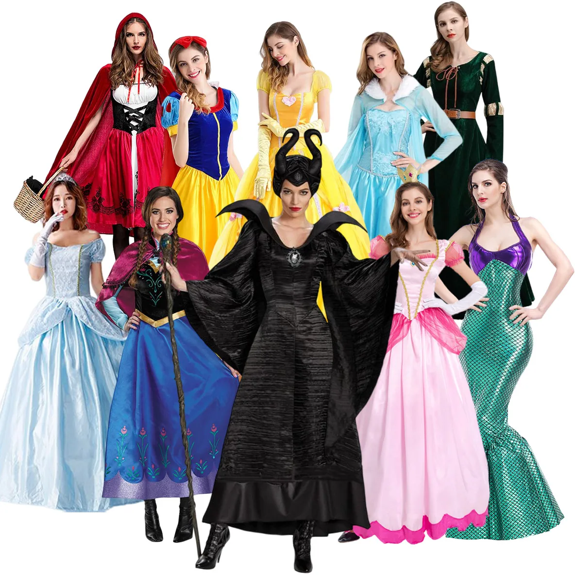 Disney Evil Queen Maleficent Costume Adult Frozen Princess Elsa Cosplay Halloween Snow White Brave Merida Dress Girls Belle Gown