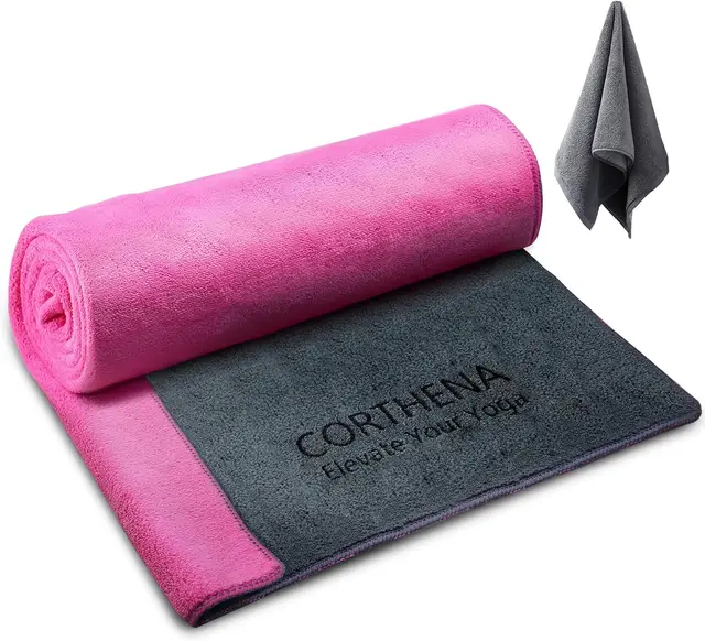 Extra Thick 600GSM Yoga Mat Towel with Hand Towel, Non-Slip Sweat Absorbent for Hot Yoga Pilates Fitness, Grey/Pink