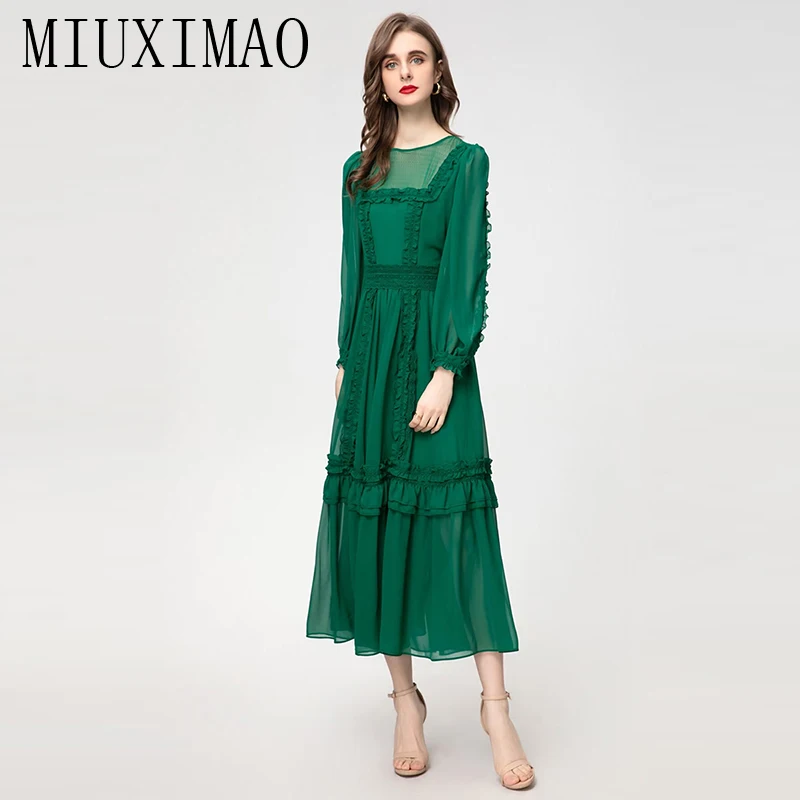 

MIUXIMAO 2024 Summer Elegant Pretty Dress Women Green O-Neck Short Sleeve Ruffles Lace Travel Slim Long Dress Vestides