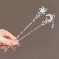 Vintage Moonstone Star Moon Hair Sticks for Women Chinese Style Cross Tassel Hairpin Disk Hair Chopsticks Hair Accessories 2