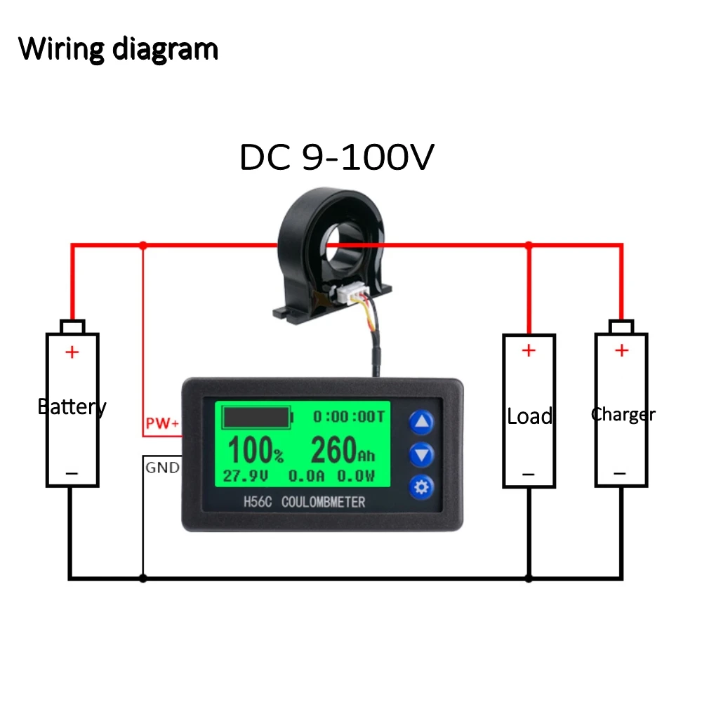 Battery Monitor Hall Coulomb Meter DC 9-100V 100A-400A AH Voltage