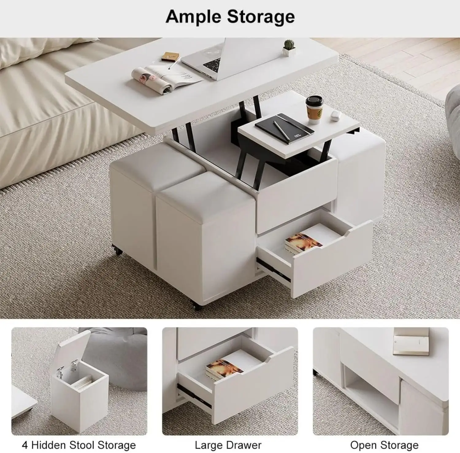 homary White Lift Top Coffee Table with Hidden Storage, 3 in 1 Multi-Function Modern Folding Center Table with 4 Stools and Cast 4