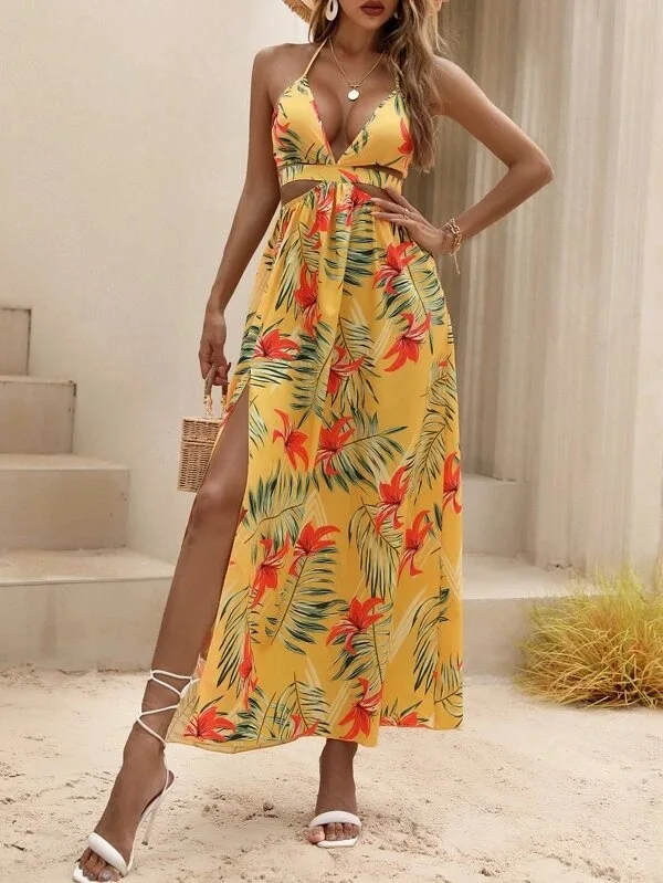 Print Halter Neck Slit Dresses Women Sexy Deep V-neck Hollow Out Backless Bowknot Leace-up Long Dress Female Streetwear Vestidos 16 undefined