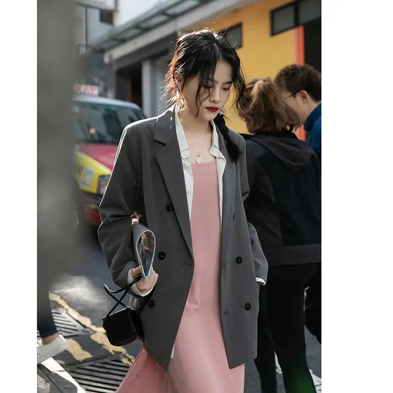 Women's Vintage Double Breasted Long Sleeve Pocket Blazer, Korean Jacket, Casual, Pink, Street Fashion, 2024