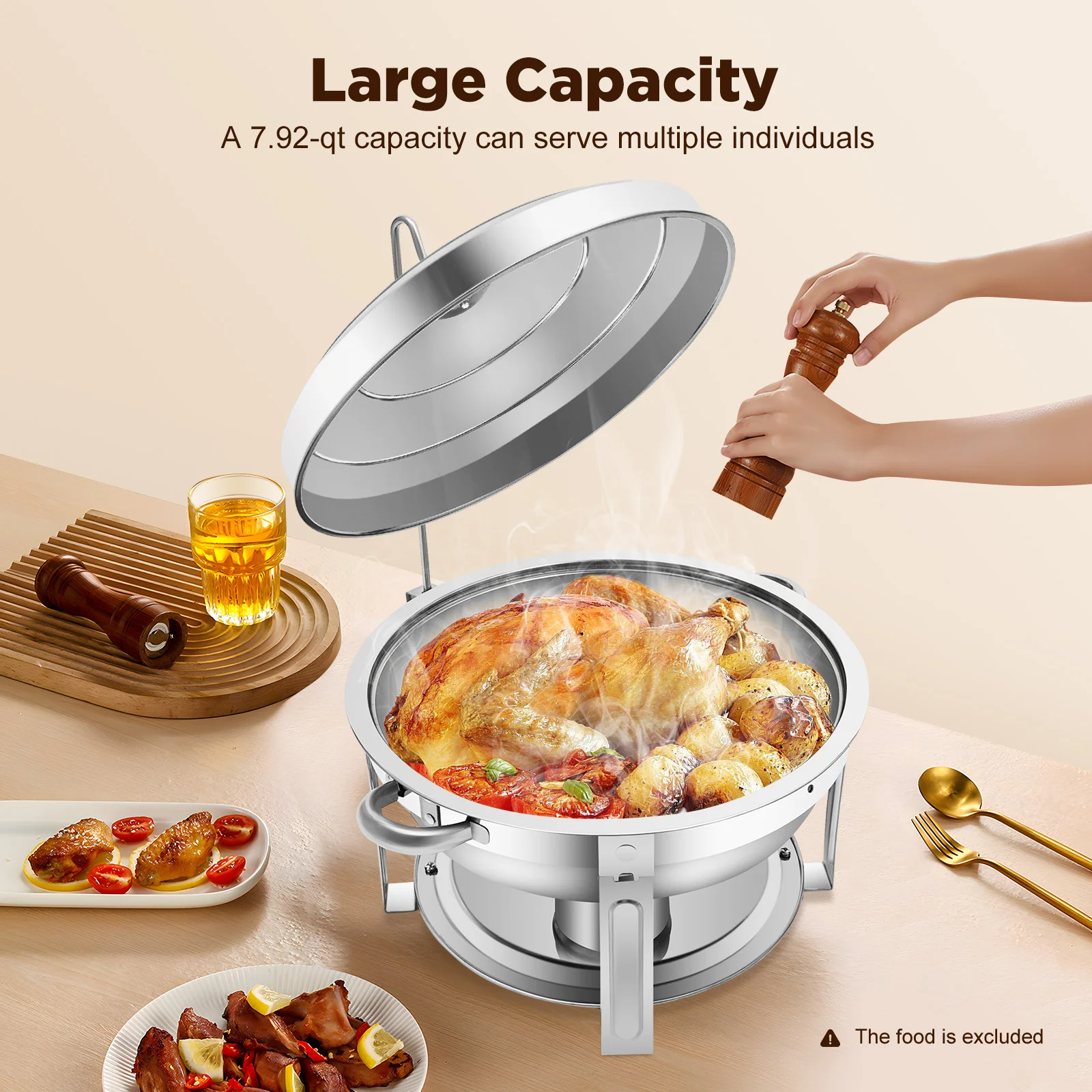 7,5L Runder Chafing Dish, 410 Edelstahl Buffet-Wärmer für Partys/Hochzeiten/Camping - Hält Speisen Warm/Kalt – Detail 2