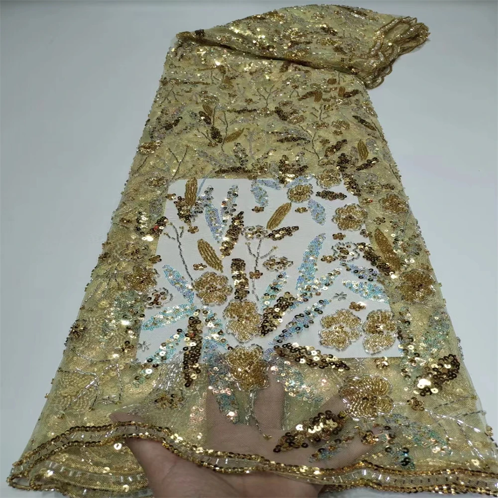 

African Lace Fabric 2023 High Quality Handmade Beads And Sequins Lace Nigerian Tulle Lace Fabric Sewing French Lace Fabric CD350