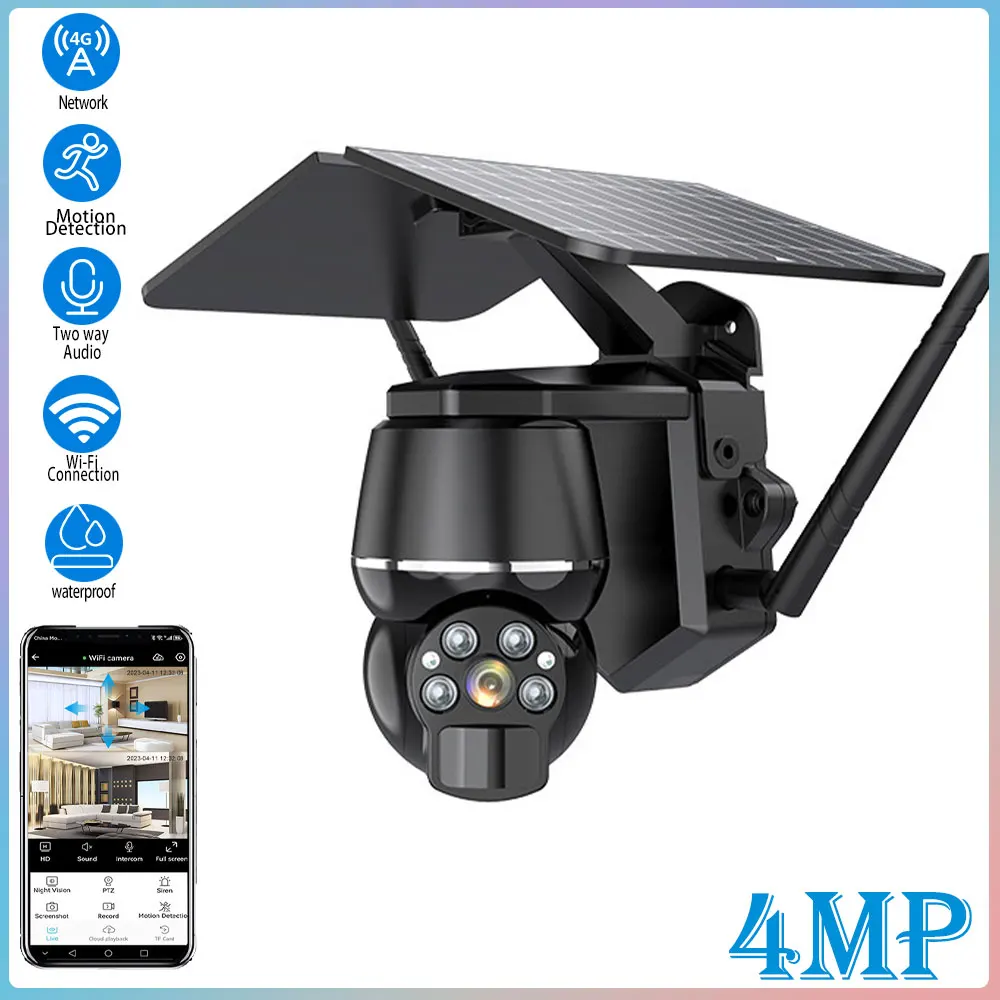 

4mp two-way audio camera outdoor IP67 waterproof PIR human body motion detection full-color night vision safety solar camera