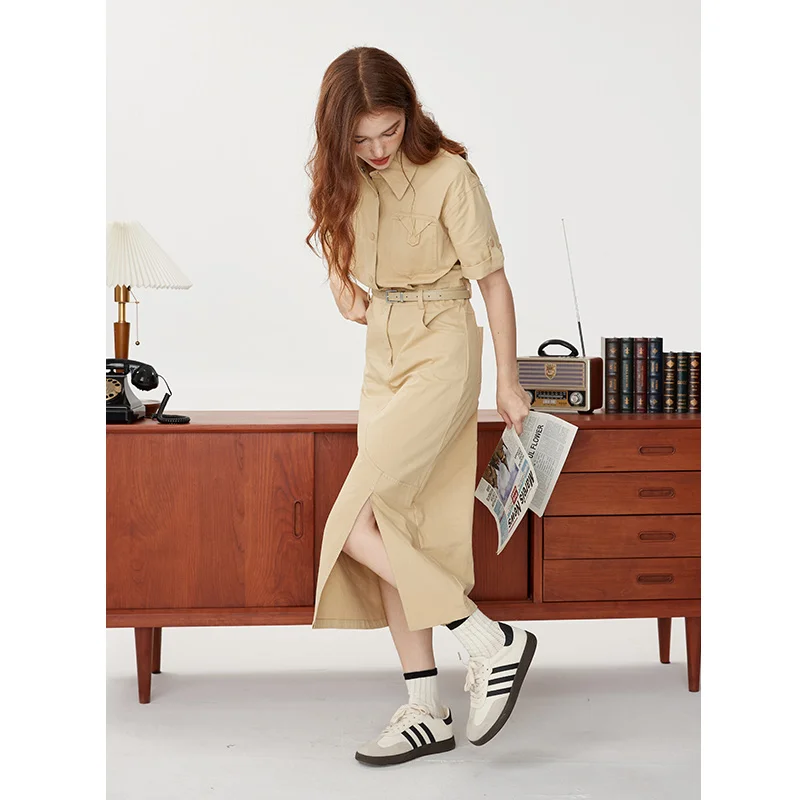 100% 코튼 Kurenmavi Workwear 달콤한 멋진 짧은 소매 드레스 여성 여름 2024 새로운 슬리밍 사이드 슬릿 스커트