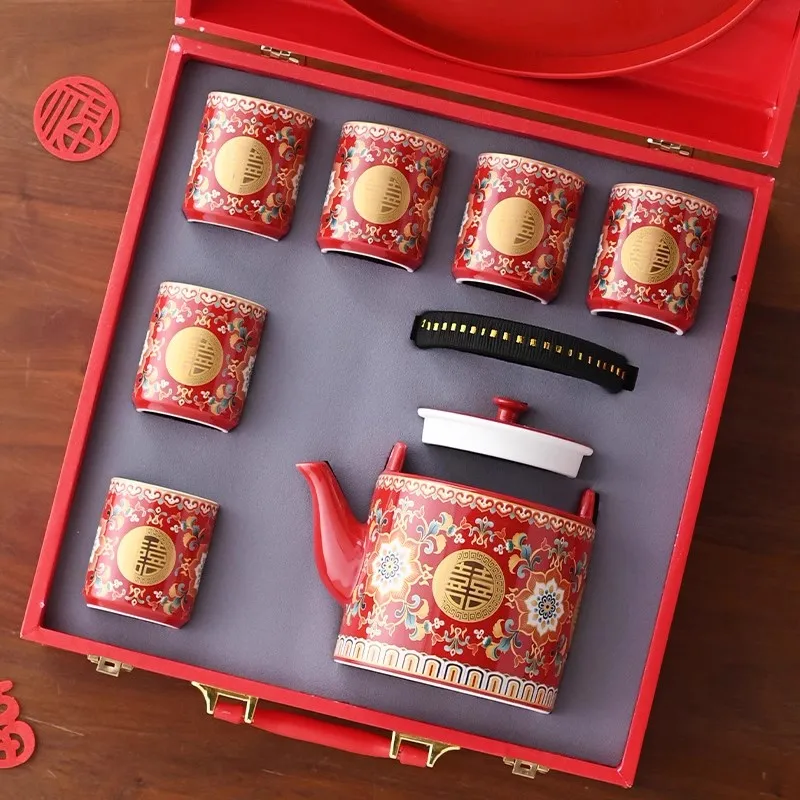 Enamel Wedding Tea Set Chinese Traditional Bridal Shower Gift for Bride, Teacup & Teapot with Double Happiness, Dowry Accessorie