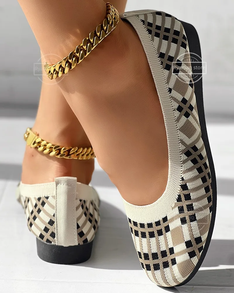 Loafers Women Geometric Pattern Round Toe Slip on New Mesh Sneakers Autumn Light Slip on Shoes Round Toe Flat Socks Shoes