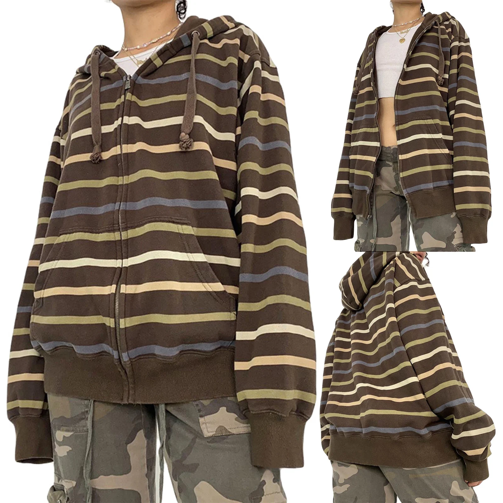 

Women Oversized Hooded Long Sleeve Full Zipper Striped Y2K Sweatshirt Baggy Jackets Boyfriend Pockets Streetwear