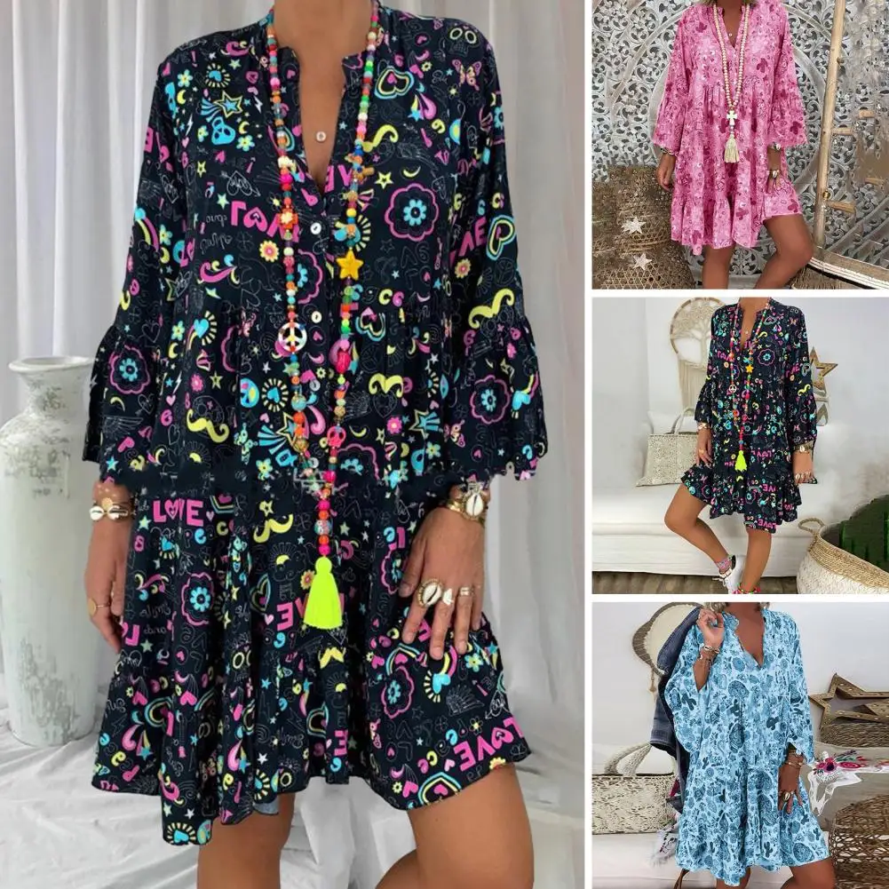 

Women Dress Extra Soft Breathable Long Sleeve V-Neck Big Hem Loose-fitting Casual Long Dress For Lady Boho Short Sleeve Big Hem