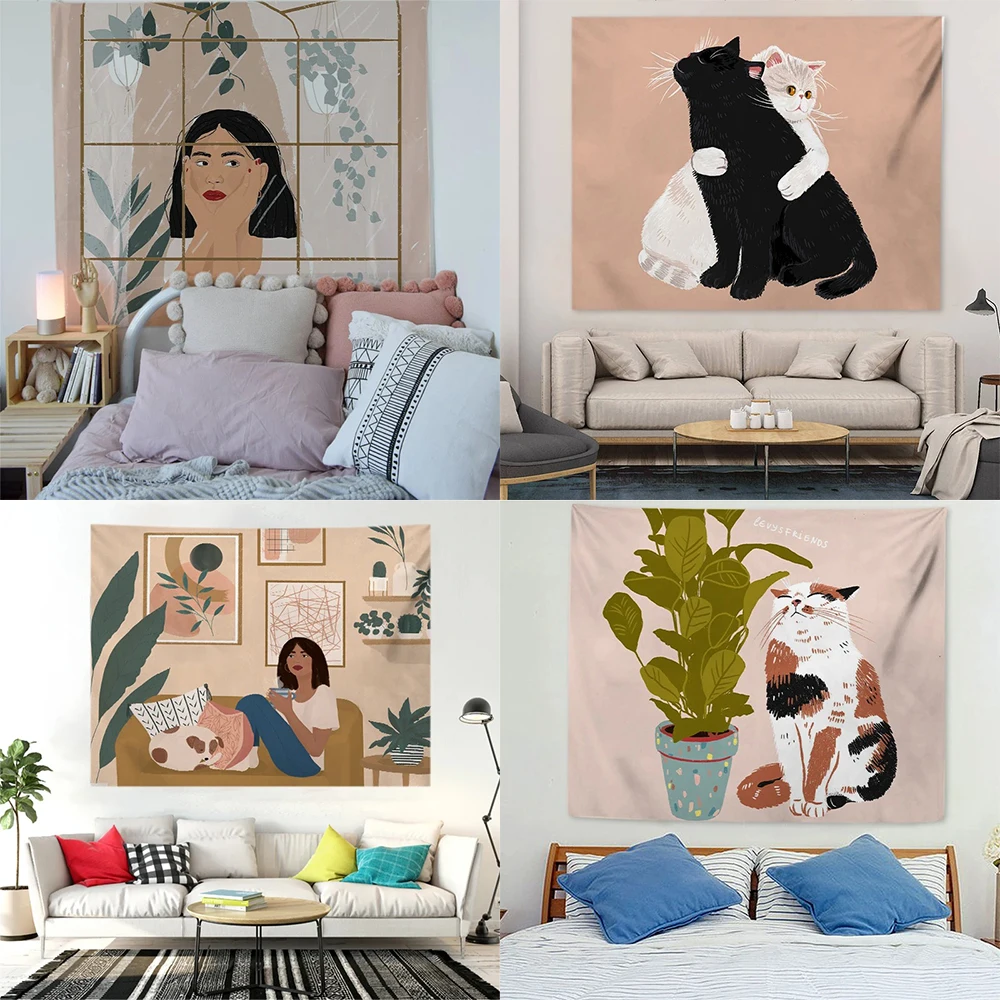 Nordic cartoon girl character tapestry fresh home decoration room bedroom living room wall background hanging cloth tapestry decor