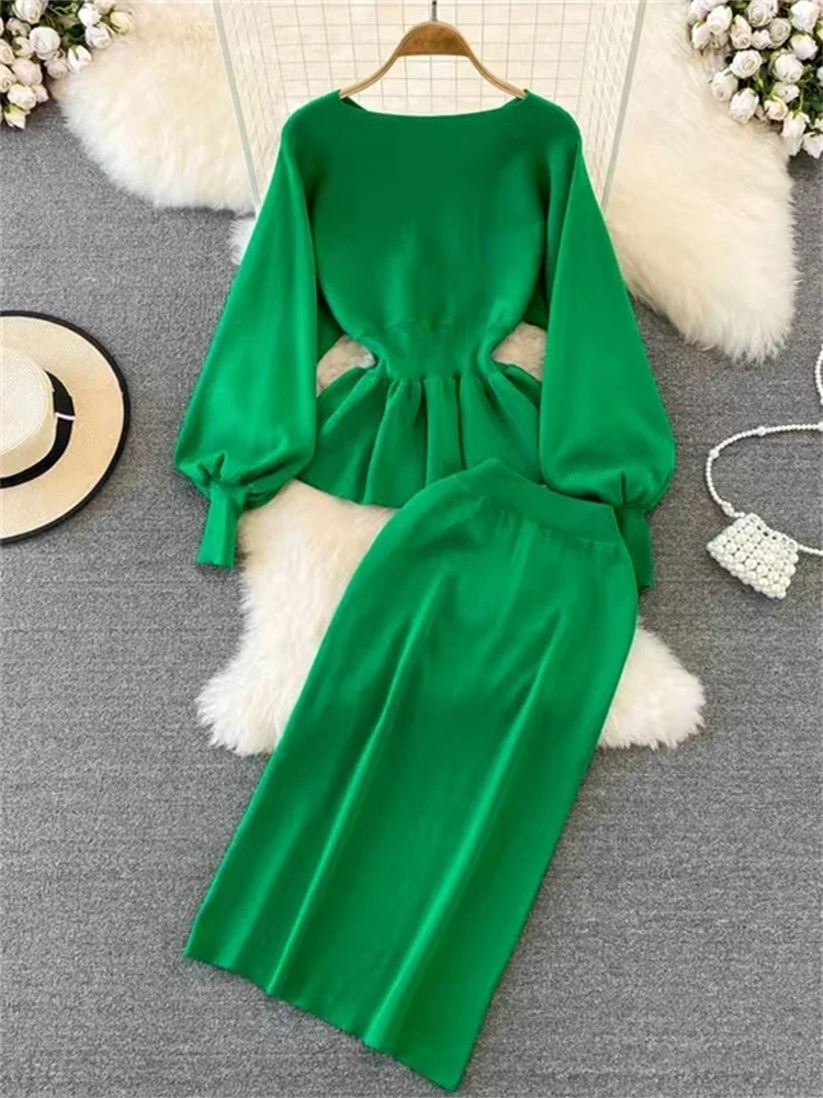 

Women Sweater Winter 2 Piece Sets Elegnat Knitted Suits Female Sweaters Vintage Womens Skirt High Waist Autumn Vintage Vestidos