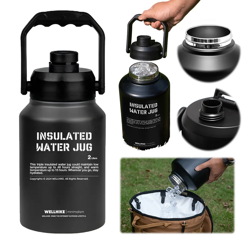 2L Insulated Water Bottle Handle Gym Training Water Bottle Stainless Steel Portable Cup Outdoor Sports