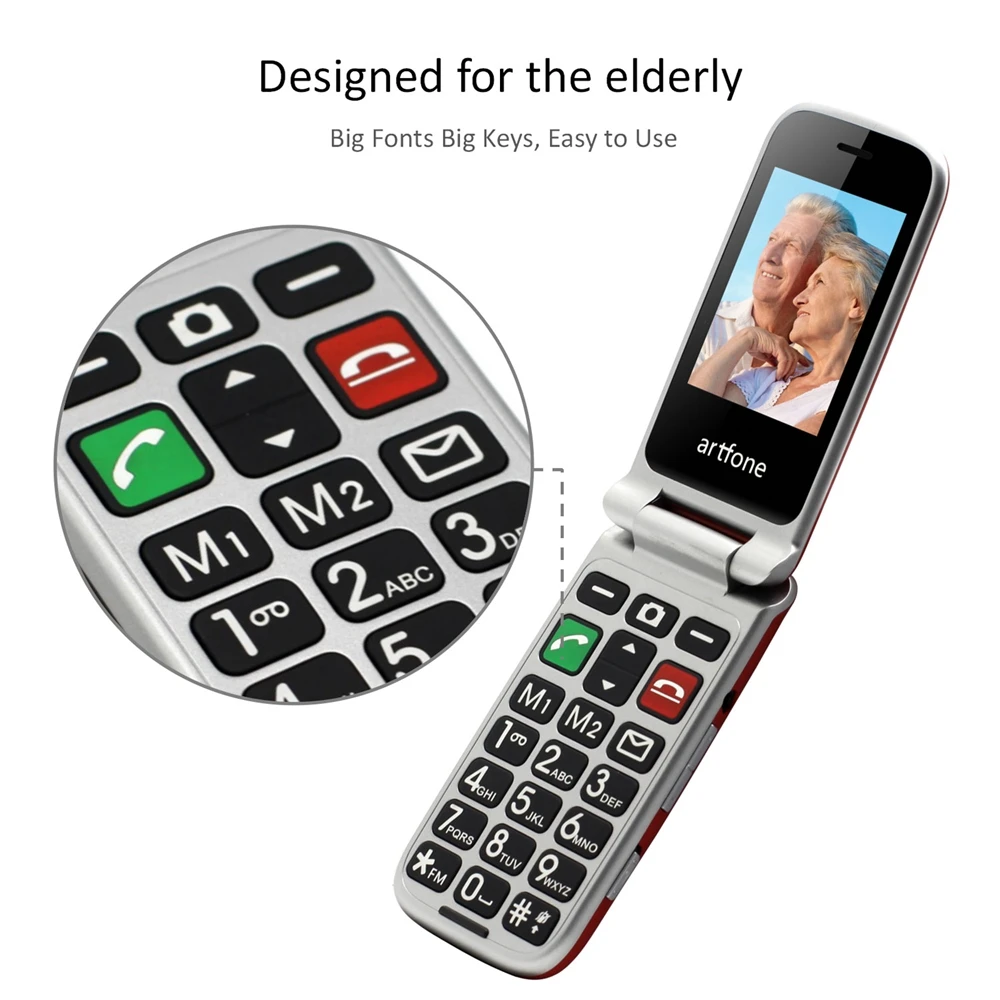 Artfone CF241A Flip Big Button Senior Mobile Phone For Elderly Unlocked Celulares Duall Sim Wireless FM SOS Bluetooth GSM 2G 6