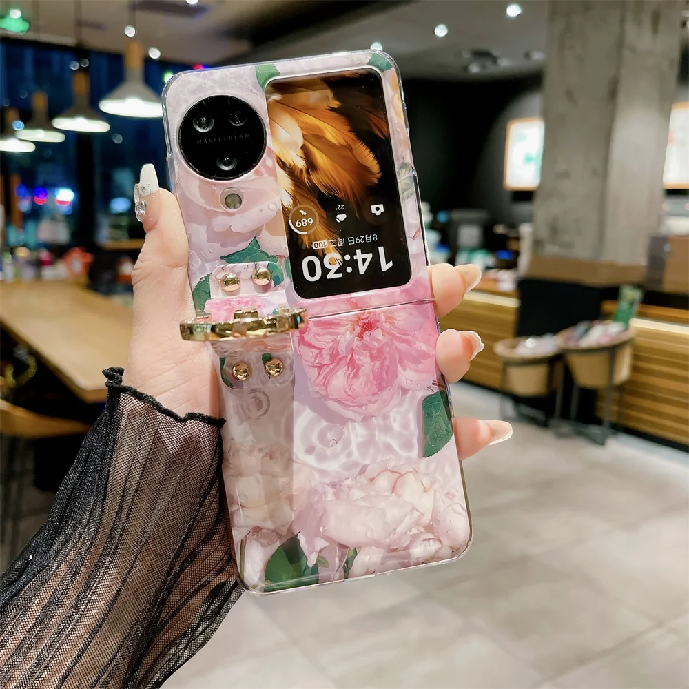 Ring Blue-ray Flower Phone Case For OPPO Find N2 N3 Flip PC Protective Shell Cover