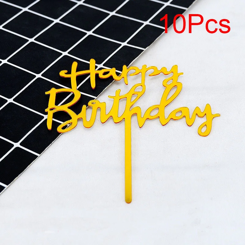 Cake Topper 10Pcs/Pack Gold Silver Acrylic Happy Birthday For Womens Mens Kids Birthday Party Decor Baby Shower