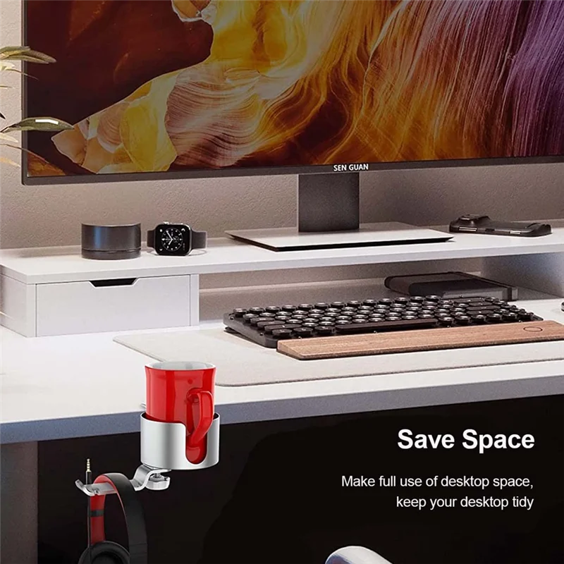 Desk Cup Holder Anti-Spill Cup Holder With Headphone Hanger For Desk Or Table Silver