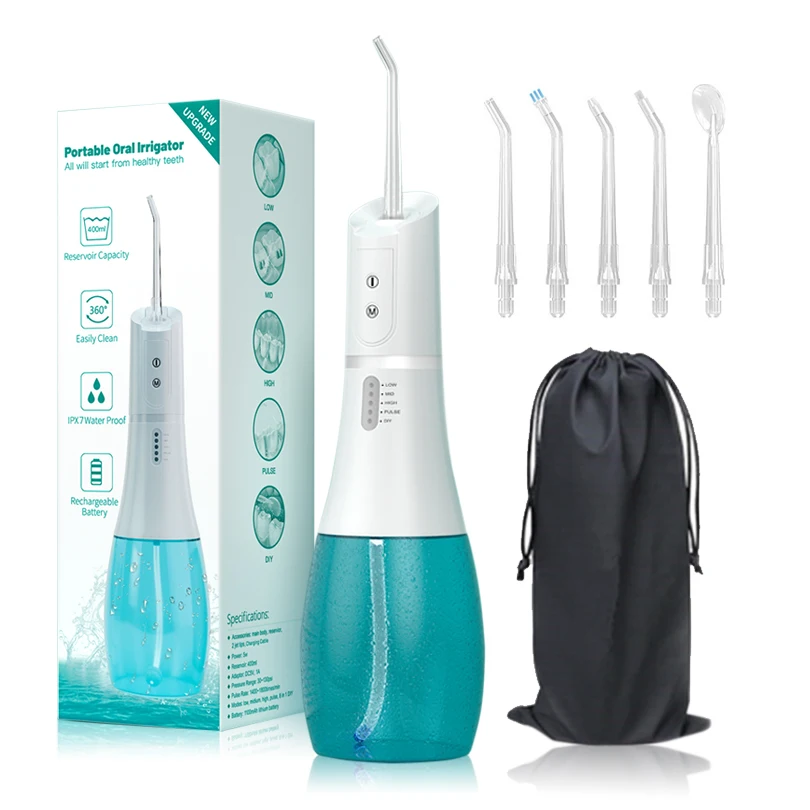 

Oral Irrigator Water Dental Flosser 400mL Water Thread for Teeth USB Rechargeable Water Pick Crodless Teeth Cleaner with 6 Tips