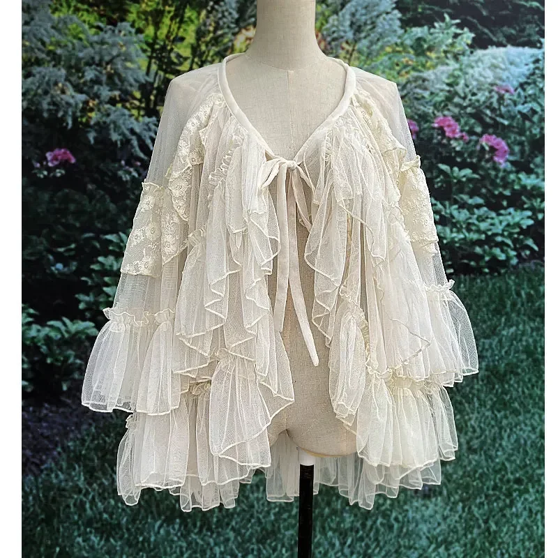 Double Layered Lolita Waist Curtain Sheer Cover Up High Low Skirt w. Asymmetrical Ruffles 5