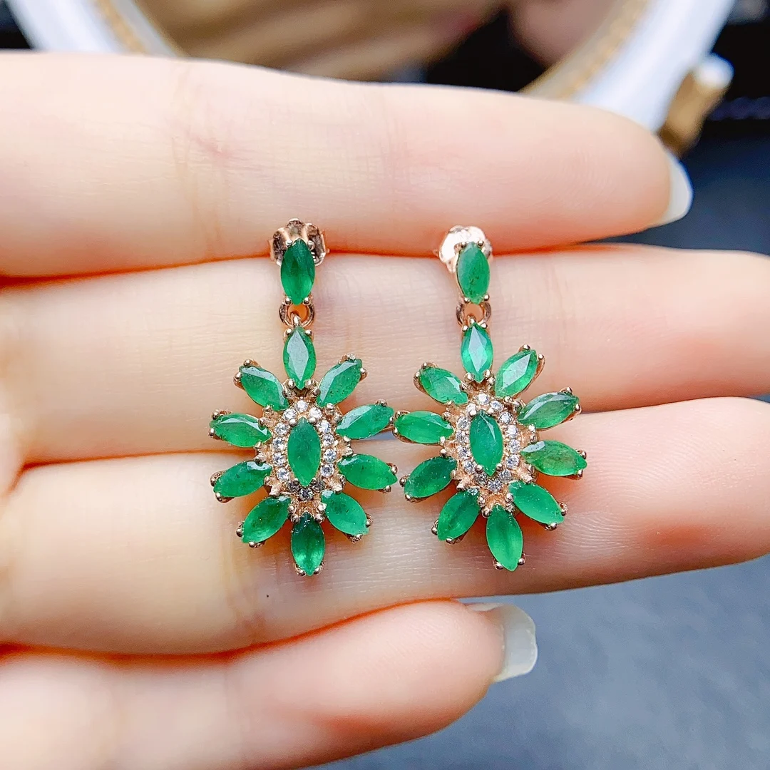 

FS 3*5mm Natural Emerald S925 Sterling Silver Flower Earrings for Women With Certificate Fine Charm Weddings Jewelry MeiBaPJ
