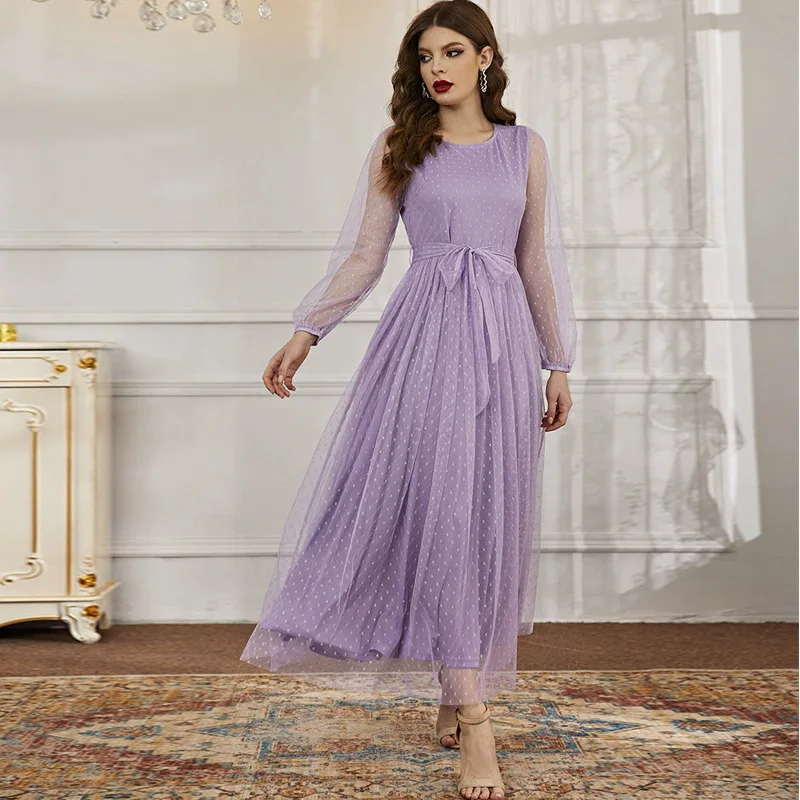 

Dress Splicing Gauze Belt Eid Muslim Women Loose Abaya Party Dresses Ramadan Abayas Caftan Kaftan Elegant Vestidos 2023 New
