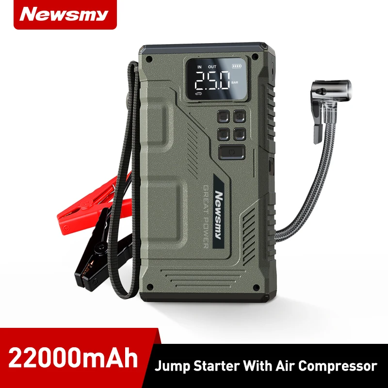 Newsmy 자동차 점프 스타터, 공기 압축기 포함, 22000mAh 부스터 충전기, 보조배터리 휴대용 배터리 시동 장치, 자동 조명