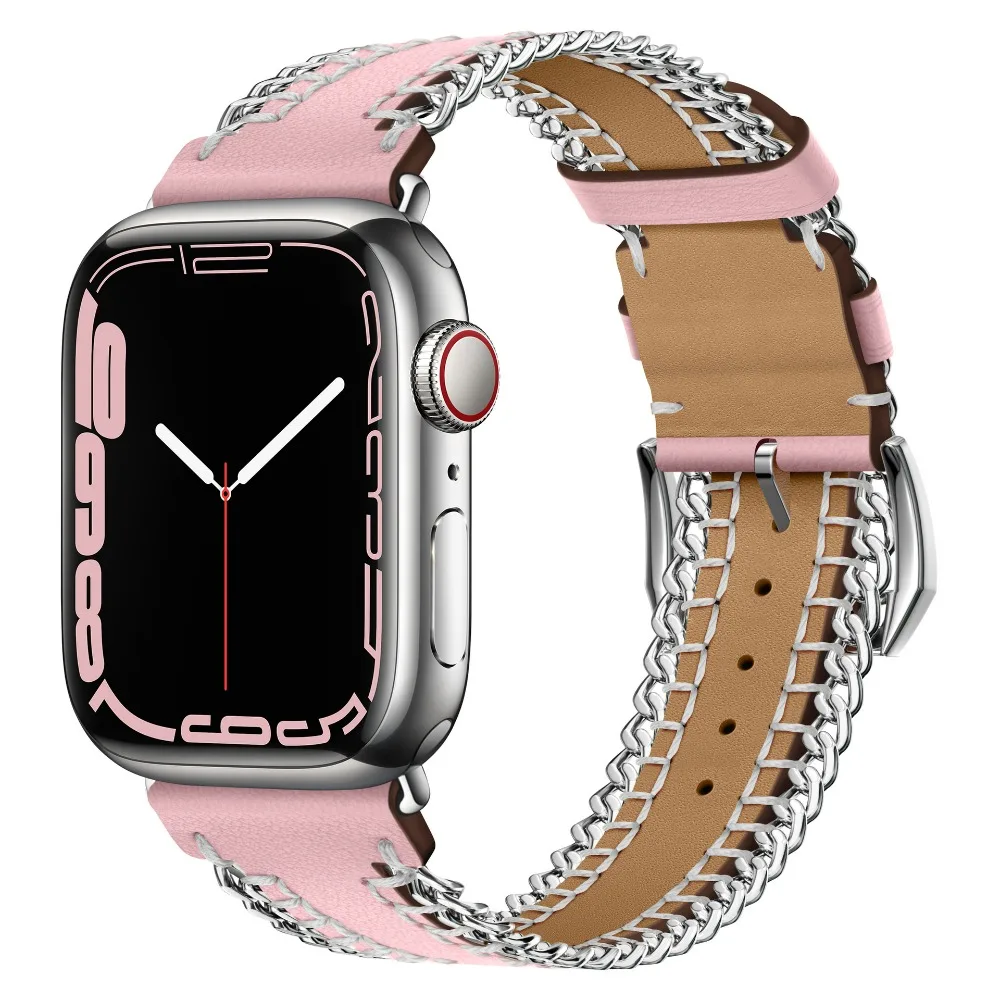 Leather Metal Bracelet for Apple Watch Band 45mm 41mm 44mm 40mm 49mm 42mm 38mm Wristband for iWatch Series Ultra 9 8 7 6 5 3 SE