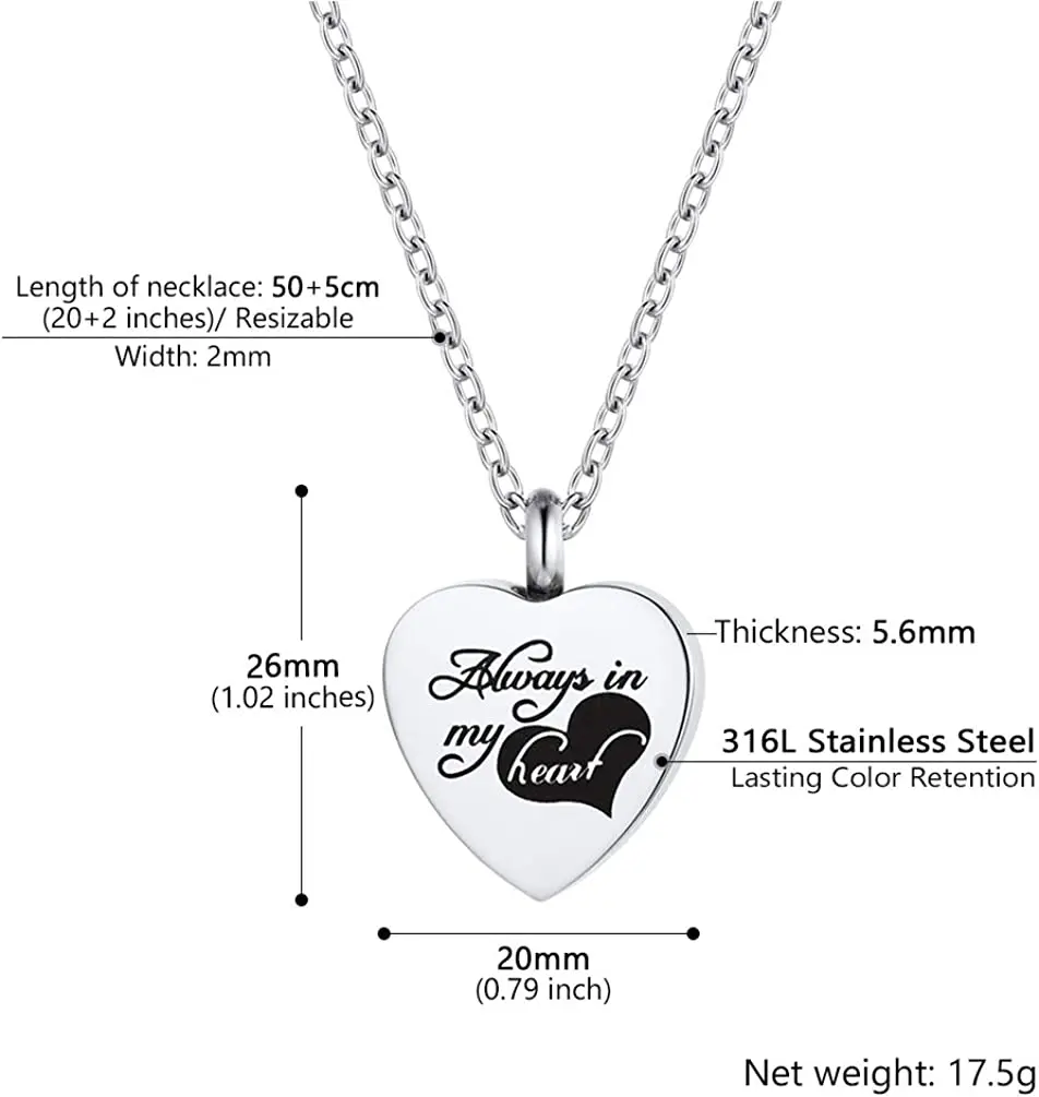 Heart Cremation Jewellery Urn Necklace for Ashes Memorial Keepsake Pendant Necklace Stainless Steel Cremation Pendant