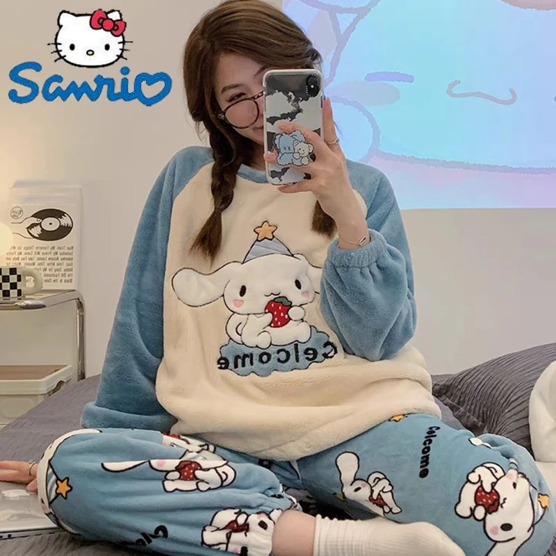 

Sanrio Winter Pajama Set Cartoon Women Pochacco Cinnamoroll Kuromi Plaid Flannel Loung Sleepwear Girl Pijama Mujer Suit Homewear