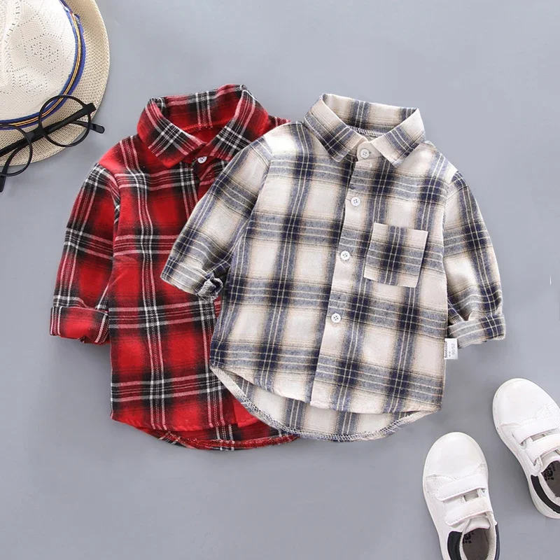 IENENS Baby Shirt Thin Clothes Spring Clothing Infant Boy Plaid Cotton Tops 1 2 3 4 Years Kids Long Sleeves Shirt Toddler Wear