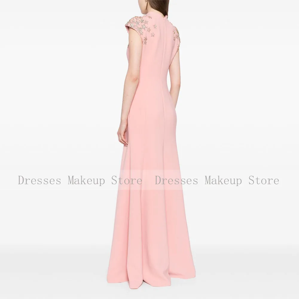 Elegant Wedding Guest Dresses Pink Mermaid Crystals Cap Sleeves Formal Party Gowns for Women High Collar Trumpet Evening Dress 2