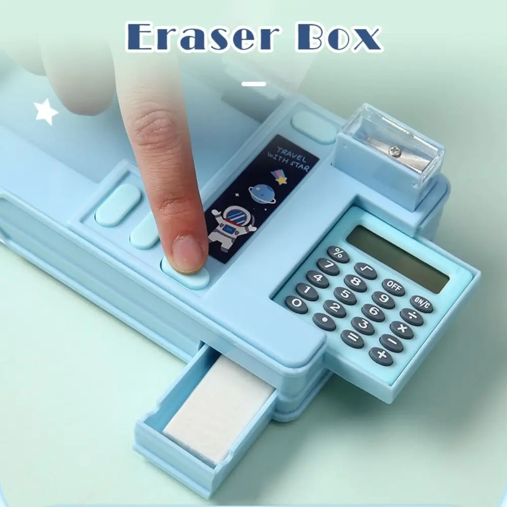 Multi-Functional Double-Sided Pencil Box with Built-In Calculator and Sharpener