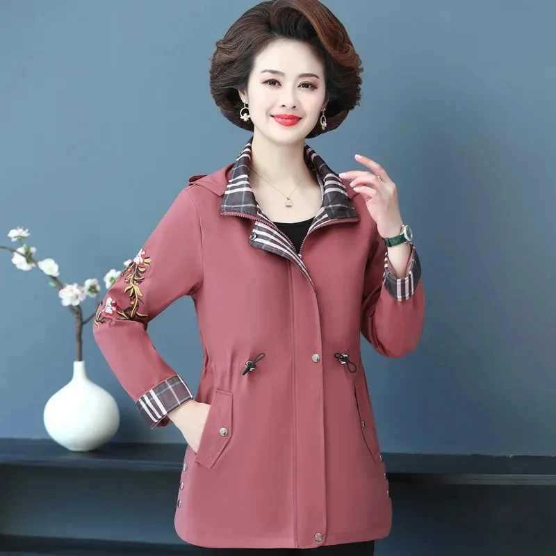 

Spring Autumn Windbreakers Mother Clothing Short Jacket Tops Middle-aged Women's Casual Loose Outwear Women Hooded Trench Coats