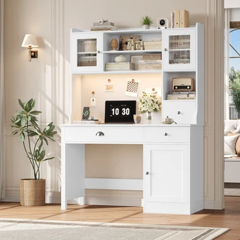 Getone Desk with LED White, computer table with drawers, dressing table table without mirror with 2 sockets 2 USB, 120x48x165cm
