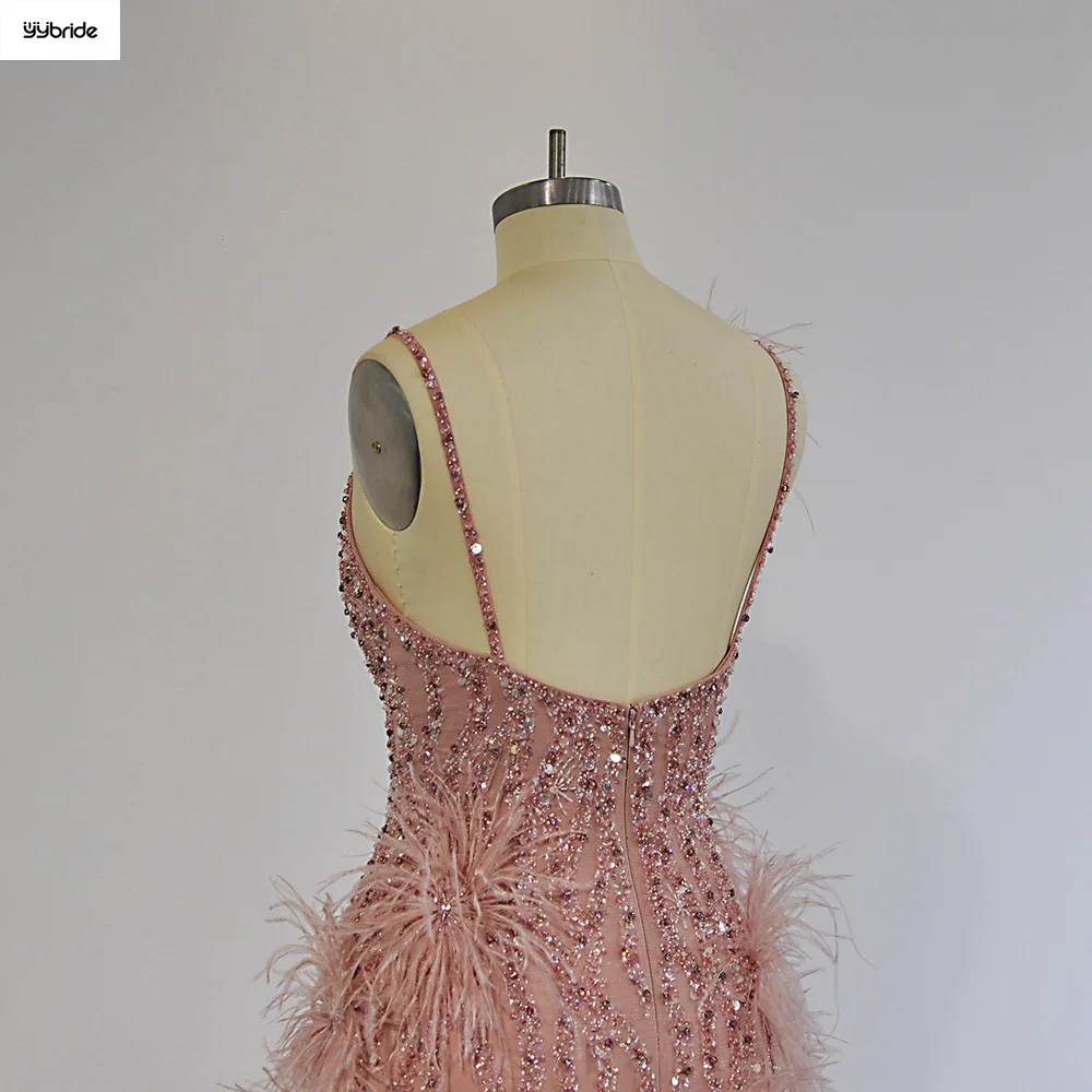 YYbride Newest Pink Feathers Beading Crystals V-neck Backless Sexy Young Girls Mini Cocktail Dresses
