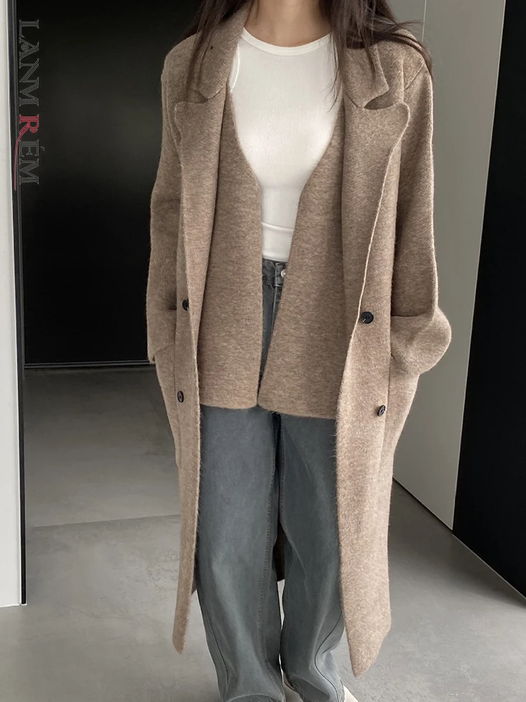 

LANMREM 2023 Winter New 2 Pieces Coat Women Long Single Breasted Coats With Vest Solid Color Fashion Female Clothing 2AA3117