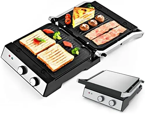 

Indoor Grill & Panini Press, 8-Serving, Nonstick Removable Plate, Temp & Time Adjustable, Indoor Table Aluminum Grill w Contact