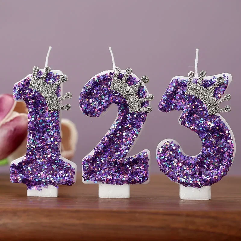 Elegant Purple Crown Numbered Birthday and Anniversary Cake Topper Candles for Princess Celebrations