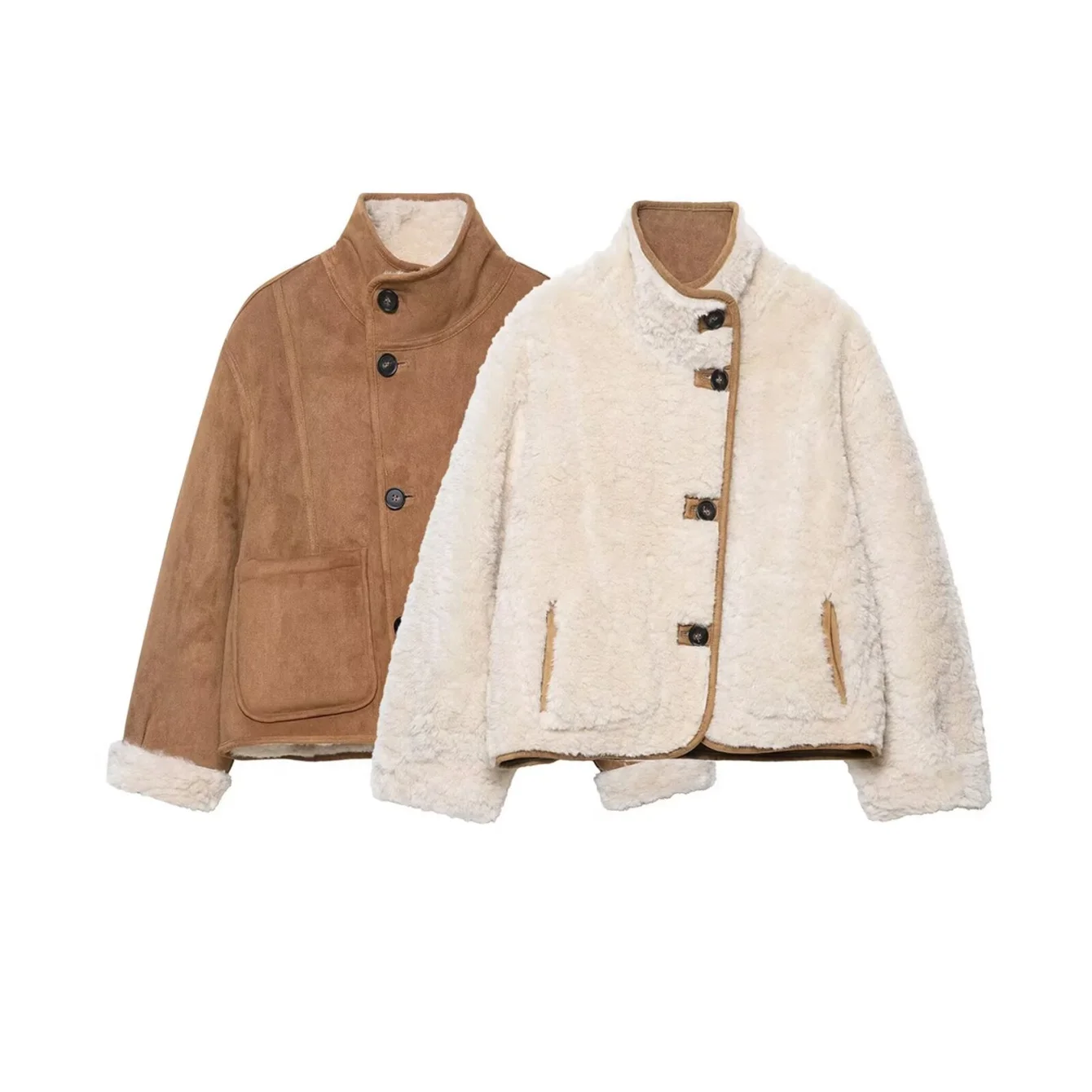 Women's Casual Loose Reversible Coats Female Autumn Winter Solid Stand Collar Long Sleeves Pockets Single-Breasted Jackets Coat