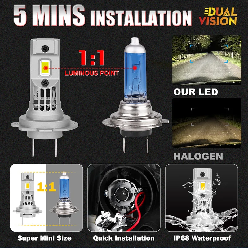 무선 6000K 3585 CSP 자동차 헤드 램프, H7 LED 헤드라이트 전구, 자동차 H7 캔버스, 오류 없음, H7 터보 LED, 12V