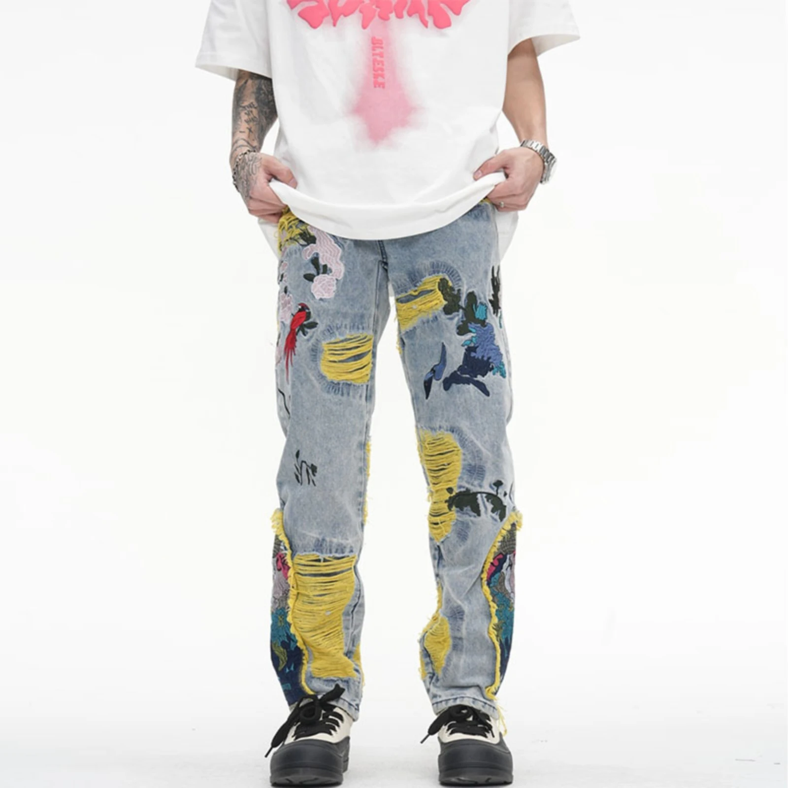 Men's Harajuku Oil Painting Embroidered Tassel Denim Ripped