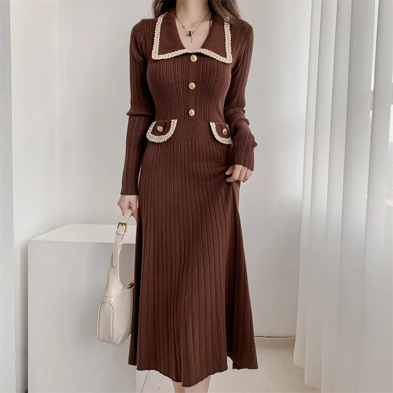 Vestidos de punto de otoño e invierno para mujer, cuello vuelto, moda coreana, corte en A, vestido liso informal, vestidos ajustados para mujer, nuevo