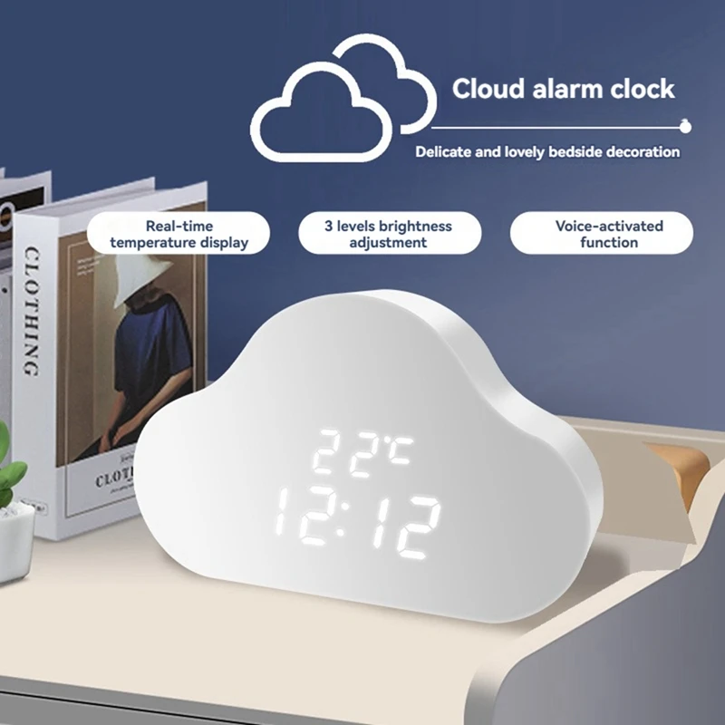 Alarm Clock Cloud Clock Bedside Snooze Small Alarm Clock Student Calendar Luminous LED Voice Digital USB Home Clock
