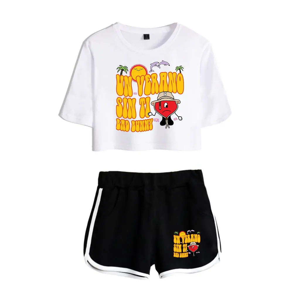 Bad Bunny Un Verano Sin Ti logo Merch Crop Tops Women Two Piece Set Shorts+TShirt High Quality Streetwear Girl Sets