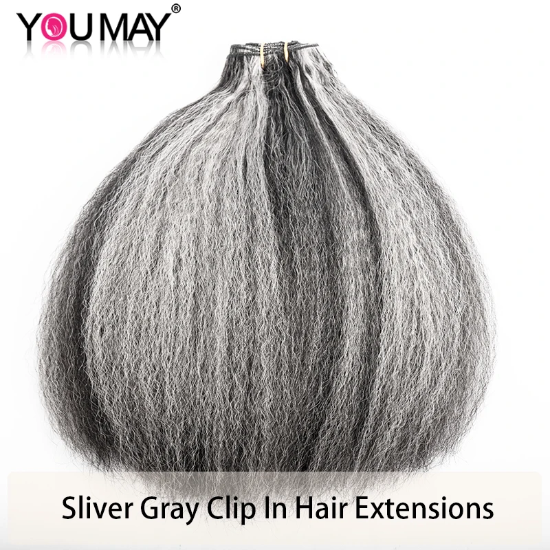 Clip In Extension Kinky Straight Gray Hair Clip Ins Sliver Hair Extensions Saltand Pepper White Sliver Clip Ins Youmay Virgin